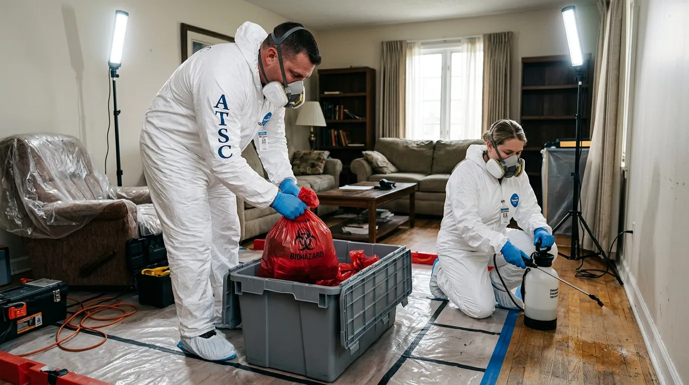 Professional Unattended Death Cleanup technician in full PPE working in Old Jamestown